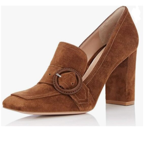 YDN Brown Chunky High Heels Square Toe Loafers Shoes Slip On Suede Office Pumps - Picture 1 of 8